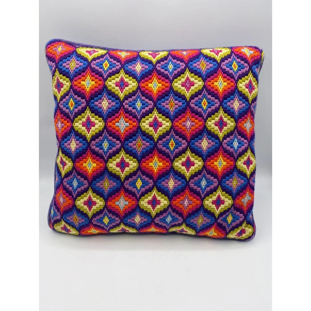 Bargello Needlepoint Pillow Vintage Groovy Throw Pillow w Purple Velvet Backside